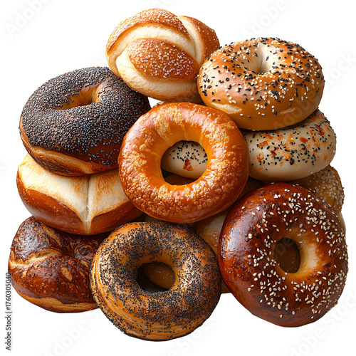 Assorted bagels and pretzels stacked display