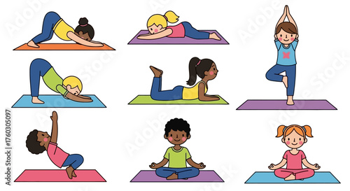 Illustrations of Children in Yoga Poses on Colorful Mats