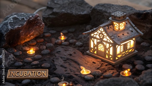 Miniature glowing forge casting luminous shapes with tiny lights
