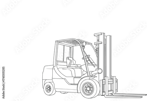 Forklift technical sketch, industrial vehicle side angle view, mechanical equipment illustration, cad drawing flat vector illustration, warehouse machinery concept
