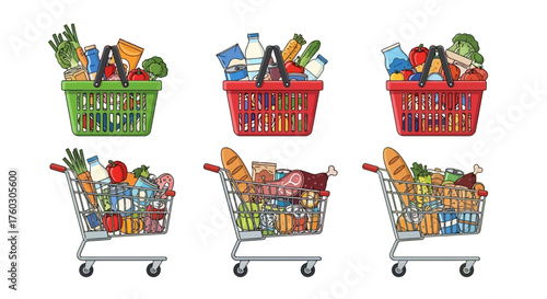 Cartoon Shopping Baskets and Carts Filled with Groceries