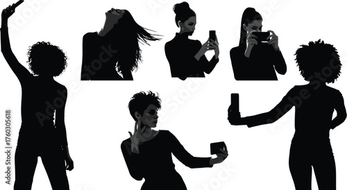 Selfie and phone pose silhouette set, expressive figures with smartphones, modern style, beauty gesture, black vector illustration, icon