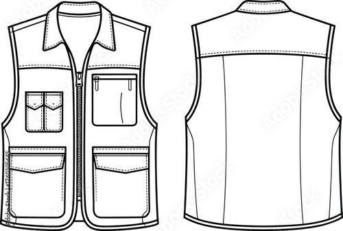 Utility vest fashion sketch, multi-pocket and zipper detail, front and back view, cad drawing flat vector illustration, garment design
