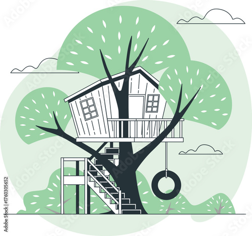 Wooden treehouse with stairs and a tire swing nestled in a large tree forest