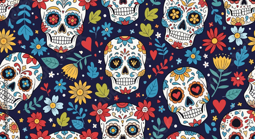 Day of the Dead Seamless Pattern with Sugar Skulls and Floral Elements
