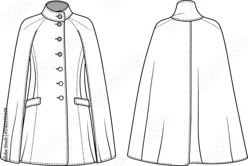 Cape coat fashion sketch, flap pocket and panel seam detail, front and back view, cad drawing flat vector illustration, garment design