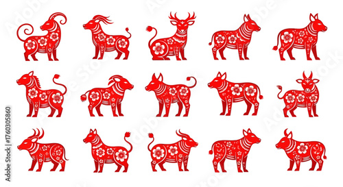 Lunar New Year Zodiac Animals Intricate Red Paper Cut Silhouettes