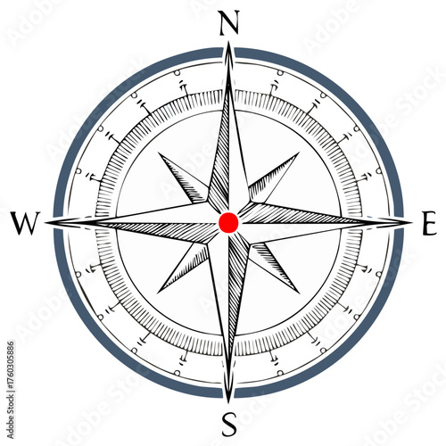 Classic compass rose vector illustration with cardinal directions and a vibrant red center, representing guidance and travel.