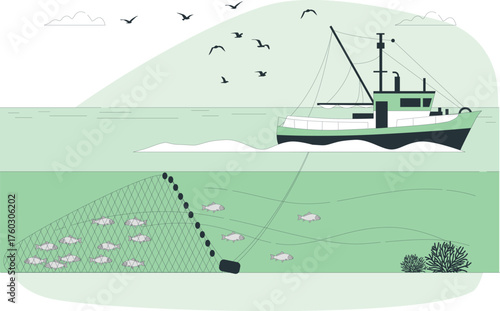 Fishing boat at sea with nets catching fish and seagulls flying overhead ship ocean
