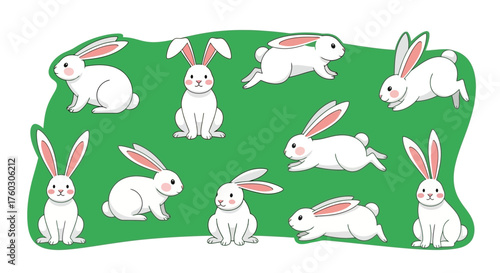 Cute White Rabbits Collection on Green Background An Animal Cartoon Illustration