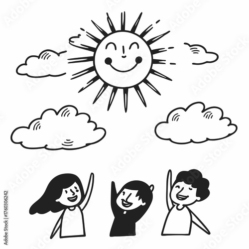 Bright Sunny Weather Vector Art with Smiling Sun and Happy People — Cheerful Summer Illustration