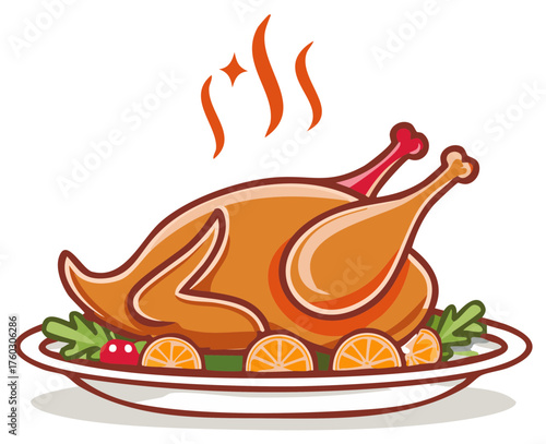 Steaming golden roasted chicken or turkey on a festive platter with garnishes, ready for a holiday meal