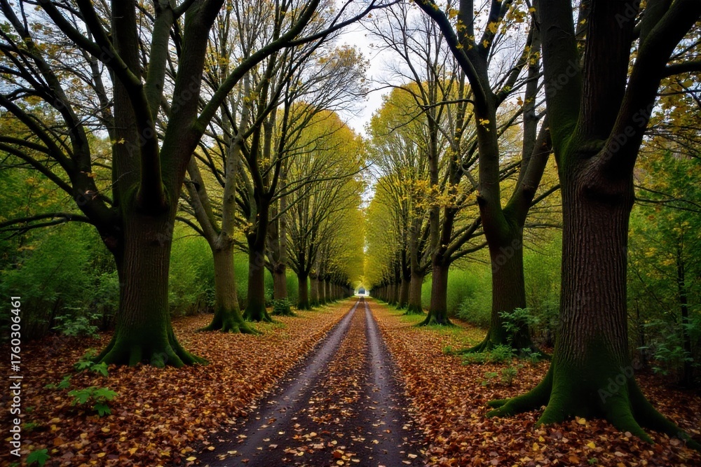 Fototapeta premium Rain slicked forest path winding through ancient trees, ethereal mist A winding, narrow forest path, glistening and wet from recent rain, disappearing into the distance. Tall, ancient trees with
