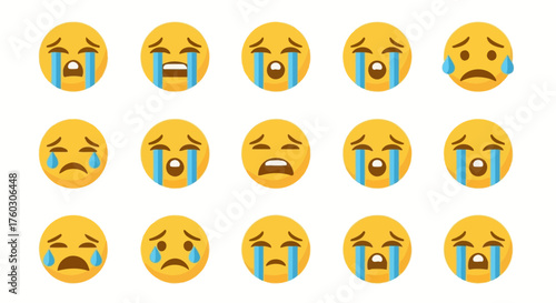 Set of Diverse Crying Emoji Icons for Social Media Expressions