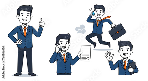 Busy Businessman Cartoon Set Phone Calls, Documents, and Briefcase Actions