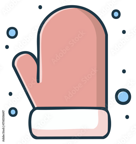 Cozy pink winter mitten illustration with a white cuff and scattered snow dots, representing cold weather warmth.