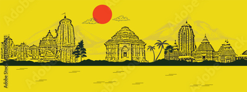 Odisha Skyline with Iconic Landmarks and Cultural Heritage for Tourism Promotion | Jagannath Temple, Konark Sun Temple, Chilika Lake, Puri Beach, and Bhubaneswar Cityscape