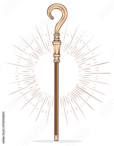 Mysterious vintage walking cane with an ornate question mark handle and radiating light rays