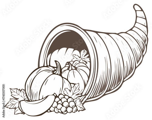 Abundant Cornucopia Outline Overflowing with Autumn Harvest of Pumpkins and Grapes
