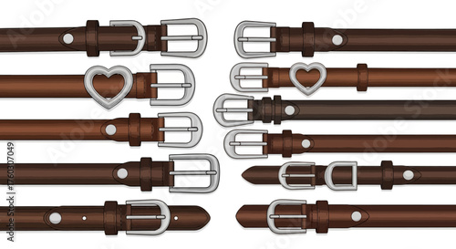 Elegant Set of Fashionable Brown Leather Belts with Buckles in Various Designs