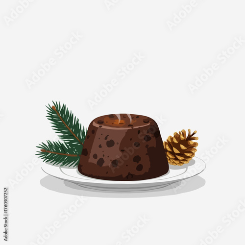 A fragrant Christmas pudding with a pine branch and a golden cone with billowing festive steam, a flat design vector illustration, a holiday dessert symbol.