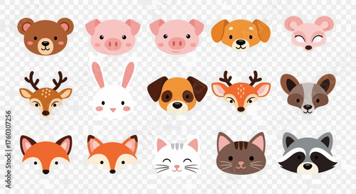 Cute Animal Faces Collection Bear, Pig, Dog, Deer, Rabbit, Fox, Cat, Raccoon