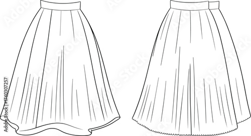 Pleated skirt fashion sketch, scalloped and asymmetrical hemline comparison, garment design illustration, cad drawing flat vector illustration, apparel concept