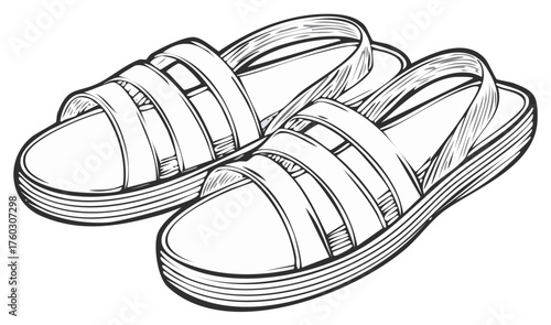 Hand-drawn Sandals Illustration - Pair of Stylish Footwear in Black and White.