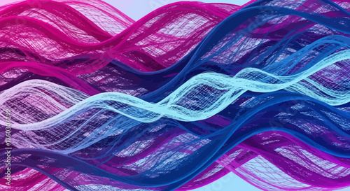 Abstract flowing waves of pink and blue threads on a light blue background