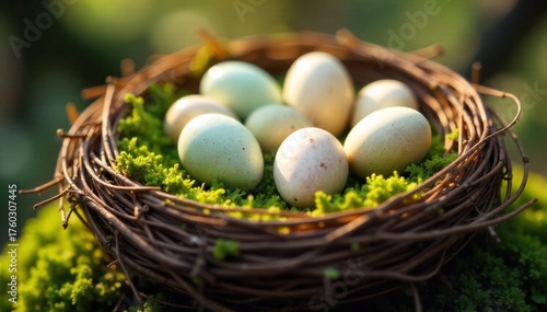Golden hour light illuminating a nest of speckled Easter eggs on mossy ground. A rustic bird s nest filled with speckled Easter eggs, resting on a bed of soft, green moss. The scene is bathed in the
