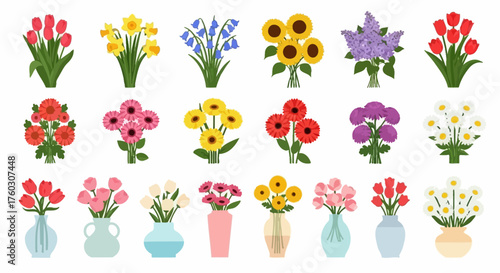 Collection of Colorful Flowers in Vases Botanical Vector Graphics