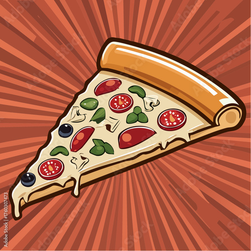 Retro-style pizza slice with toppings on a red sunburst background, evoking a vintage and creative food concept. Vector illustration
