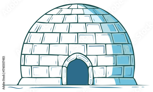 Illustration of a winter igloo built with snow blocks and entrance, portraying cold climate housing and a frosty arctic scene