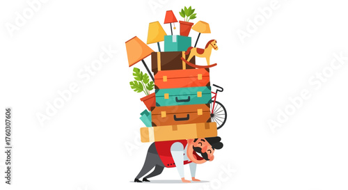 Moving Overload Cartoon Man Struggling with Towering Luggage
