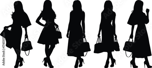 Fashionable woman silhouette set, stylish poses with handbags, high heels, modern dress styles, black vector illustration, elegance icon
