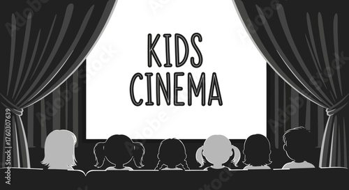 Kids Cinema Silhouette Crowd Watching a Movie on a Stage Screen with Curtains