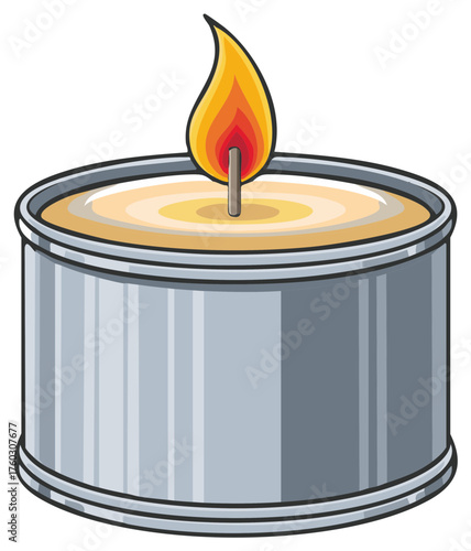 Illustrated tealight candle with burning flame in silver metal container for decoration or aromatherapy