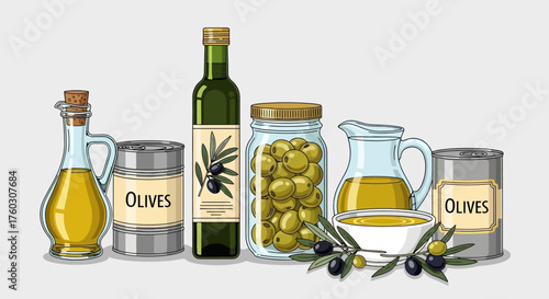 Assortment of Olive Products Oil, Olives, and Olive Branches