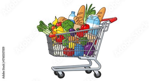 Shopping Cart Overflowing with Healthy Fruits, Vegetables, and Groceries for a Nutritious Lifestyle