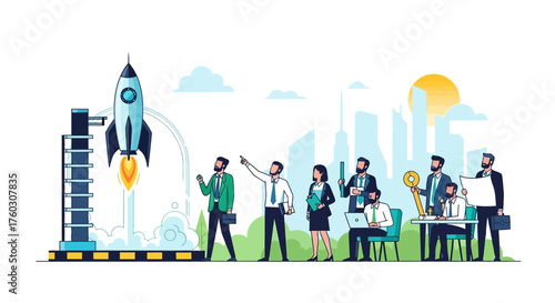 Business team launching a rocket, symbolizing startup growth and success