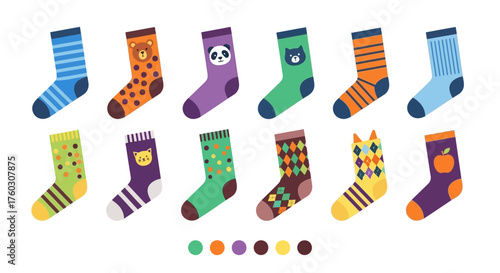 Collection of Colorful Cartoon Socks with Various Animal and Geometric Designs