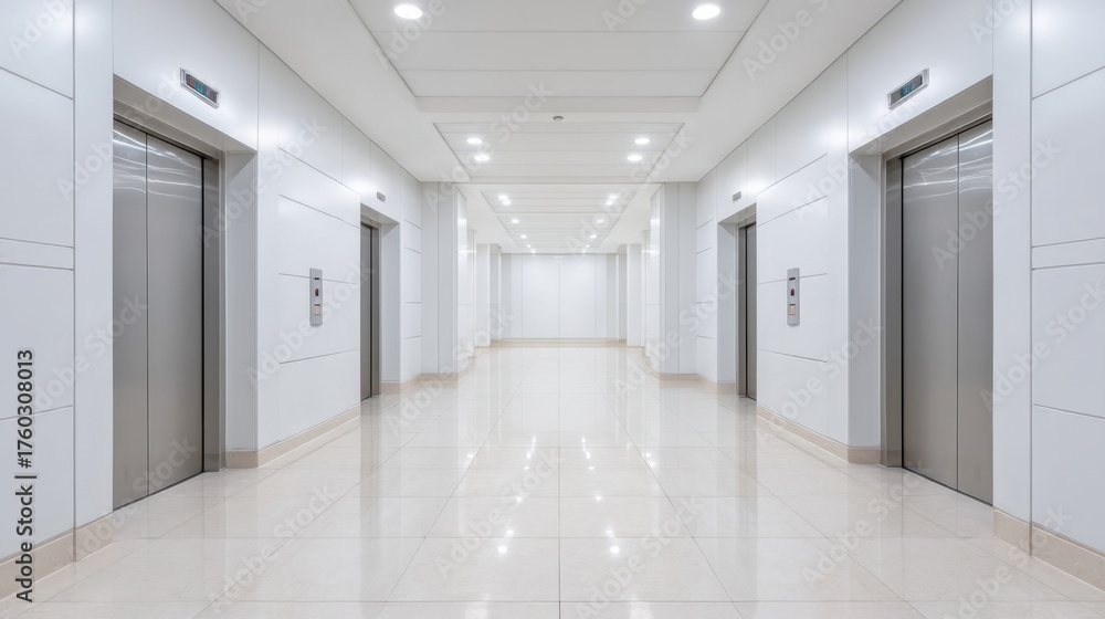Obraz premium Modern interior corridor view showcasing multiple elevator doors in a bright and spacious environment with clean lines and polished surfaces