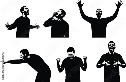 Expressive emotion silhouette set, dramatic human gestures including shouting, pointing, triumph, anger, passion, black vector illustration, icon pose