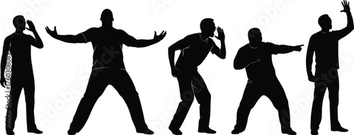 Expressive gesture silhouette set, dramatic human poses, speaking, pointing, calling, body language icons, black vector illustration, emotion stance