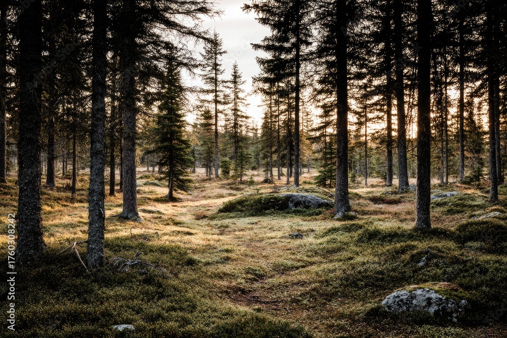 Obraz premium Sunlight filtering through a dense forest (1)