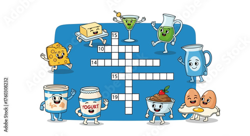 Cartoon Crossword Puzzle with Cheerful Dairy and Food Characters on Blue Background