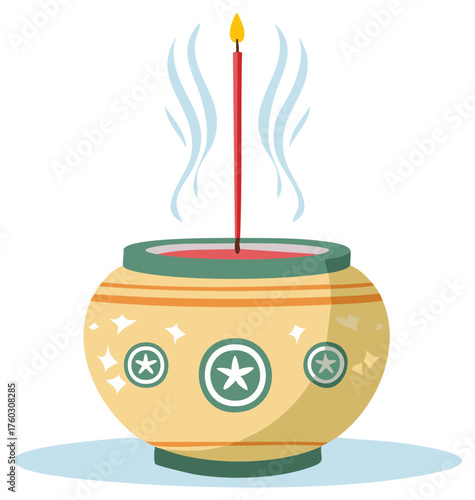 Colorful decorative censer with burning incense stick and rising smoke