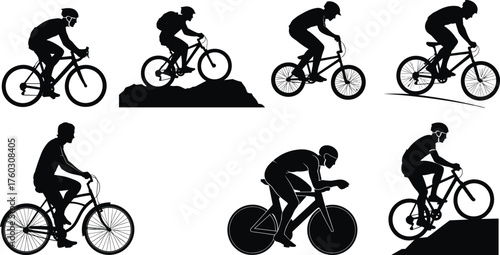 Cycling silhouettes, bike riders, mountain biking, road cycling, BMX action, racing posture, helmet safety, outdoor sport, active lifestyle, motion concept