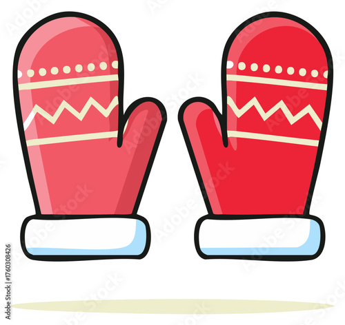 Illustrative pair of red winter mittens with decorative zigzag pattern to keep hands warm during cold weather season