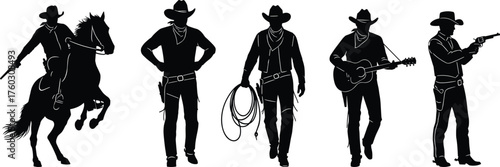 Cowboy silhouette set, Western action poses with horse, lasso, guitar, revolver, black vector illustration, wild west icon